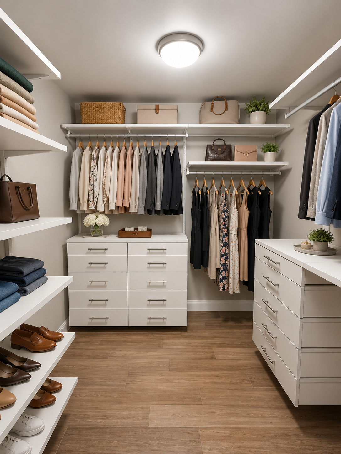 Organized closet shelving and hanging system