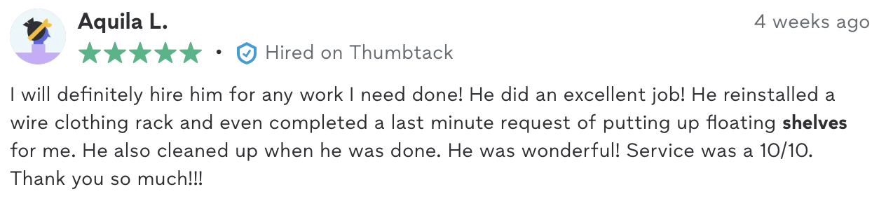 Five-star Thumbtack review from Aquila L. praising DEL's wire clothing rack repair, floating shelf work, and cleanup.