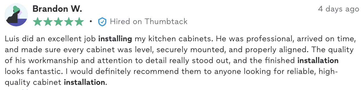 Five-star Thumbtack review from Brandon W. praising DEL's professional kitchen cabinet installation and attention to detail.