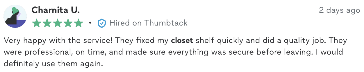 Five-star Thumbtack review from Charnita U. praising DEL for quickly and professionally fixing a closet shelf.