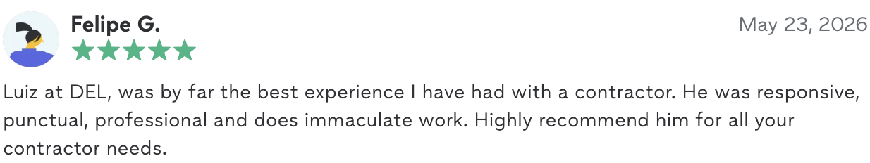 Five-star review from Felipe G. praising Luiz at DEL for responsiveness, punctuality, professionalism, and immaculate work.