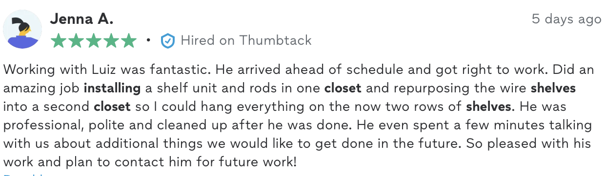 Five-star Thumbtack review from Jenna A. praising DEL's closet shelf and rod installation, punctuality, and cleanup.