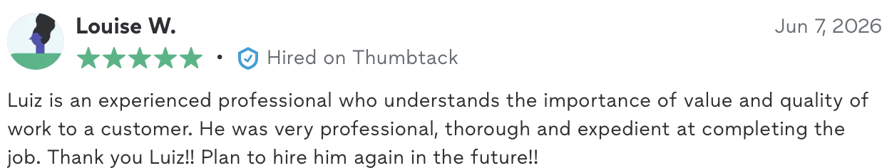 Five-star Thumbtack review from Louise W. praising DEL's professionalism, quality, thoroughness, and speed.