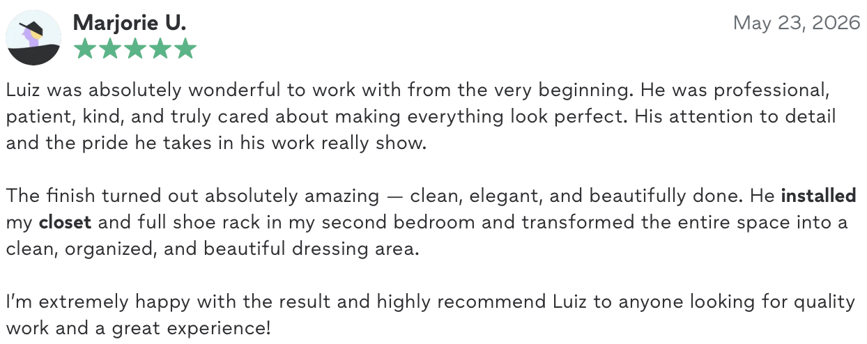 Five-star Thumbtack review from Marjorie U. praising DEL's closet and shoe rack installation, patience, and attention to detail.