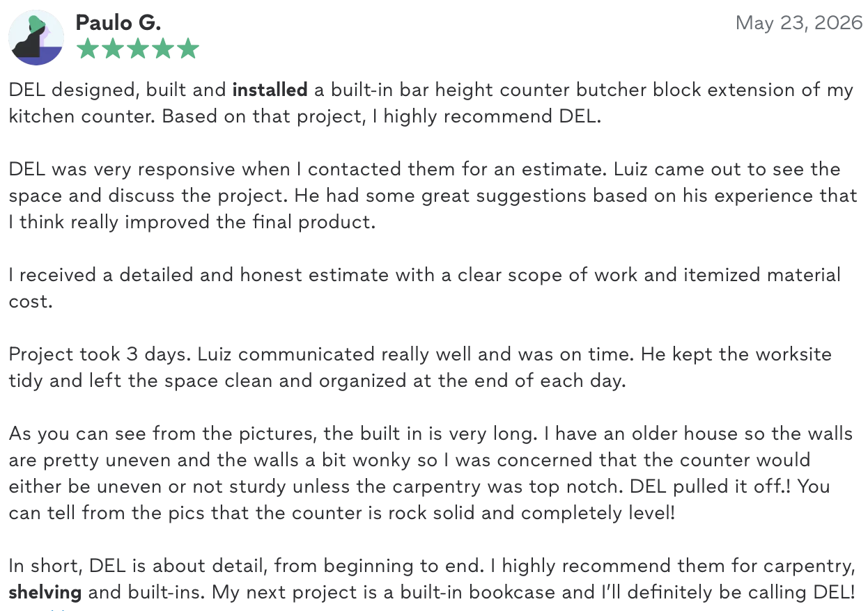 Five-star review from Paulo G. describing DEL's detailed estimate, communication, clean worksite, and sturdy built-in counter project.